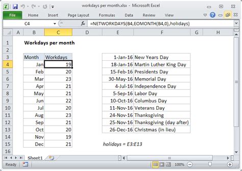 excel formula calculate working days in a month