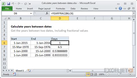 excel formula calculating years between two dates