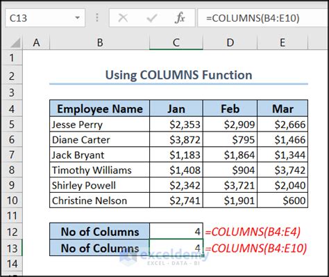 excel formula count number of columns