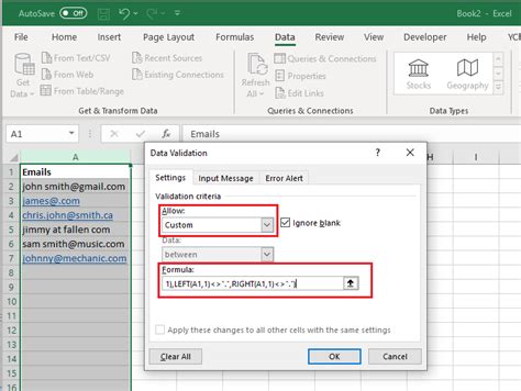 excel formula email validation