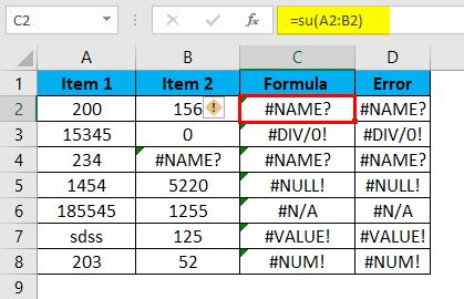 excel formula error codes