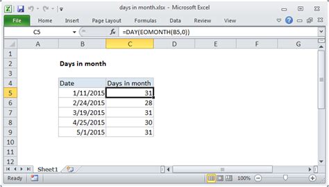 excel formula for number of days in a month