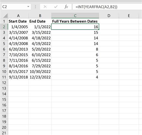 Excel Formula for Years Calculation