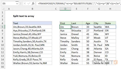 excel formula split string into array