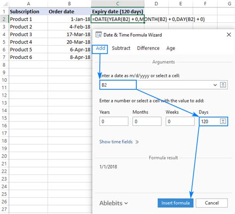 excel formula to calculate 120 days from date