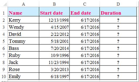 excel formula to calculate length of service from start date