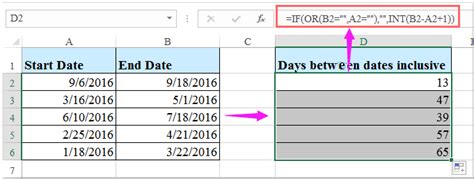 excel formula to calculate number of days inclusive