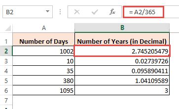 excel formula to change days to years