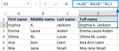 excel formula to combine first middle and last name