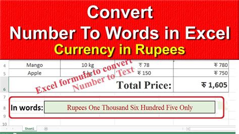 excel formula to convert number to words in rupees code