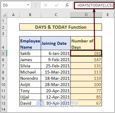 excel formula to count days from current date