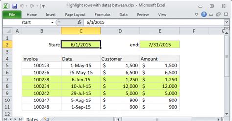 excel formula to highlight cells based on date range