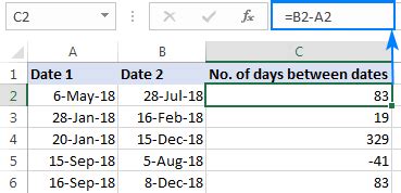 excel formula to work out how many days between two dates