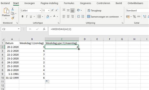 excel formule dag van de week