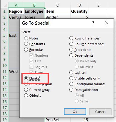 excel function fill blank cells
