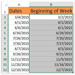 excel function start of week