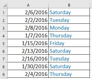 excel function to return day of week