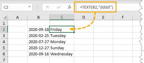 excel function to return weekday name from date