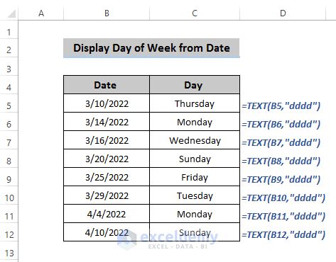 excel how to extract day of week from date