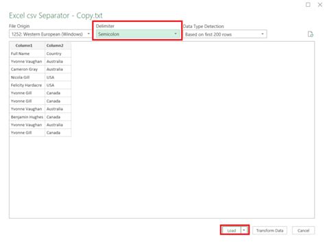 excel import csv custom separator