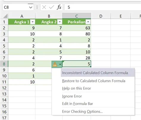 excel inconsistent calculated column formula