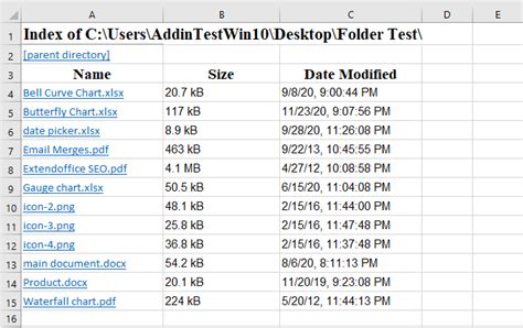 excel list all file names in folder