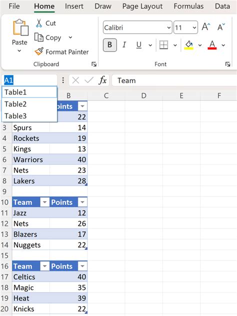 excel list all tables