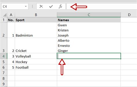 excel list of cells