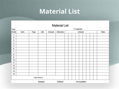 excel list of material template