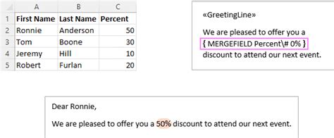 excel mail merge format percentage