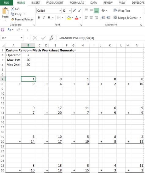 Excel Math Worksheet Generator