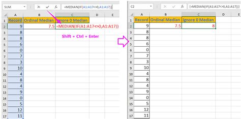 excel median formula exclude zero
