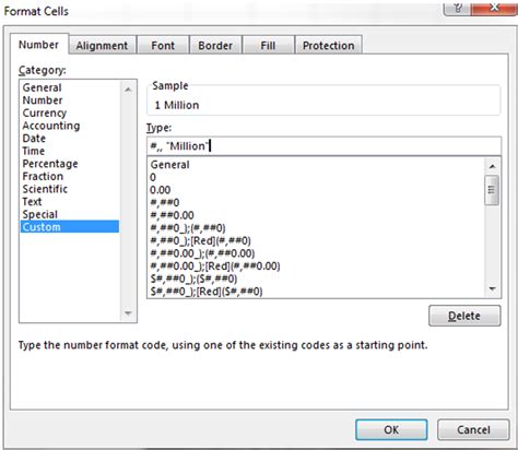 excel number format code millions