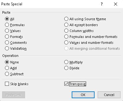 excel paste transpose greyed out