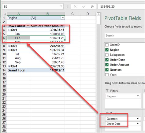 excel pivot table change quarters to months