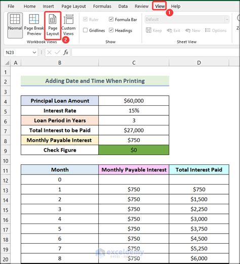 excel print date and time