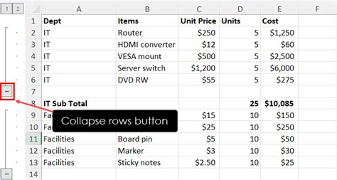 excel remove collapse rows