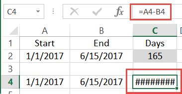 excel start and end date formula