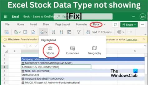 Excel Stock Data Type Missing