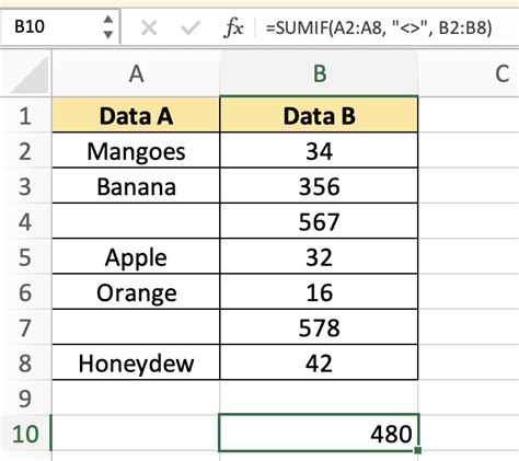 excel sum if another column is not blank