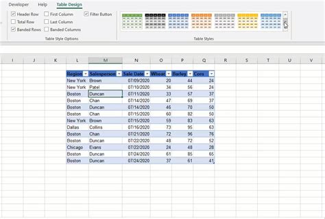 Excel Table Design Tab