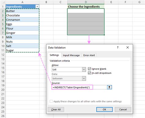 excel table drop down list