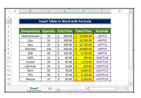 excel table in word document