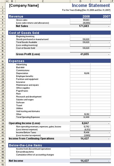 Excel Template Income Statement