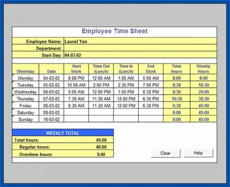 excel timesheet formula with lunch break template