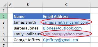 excel validate email address format