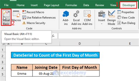 excel vba get first day of current month