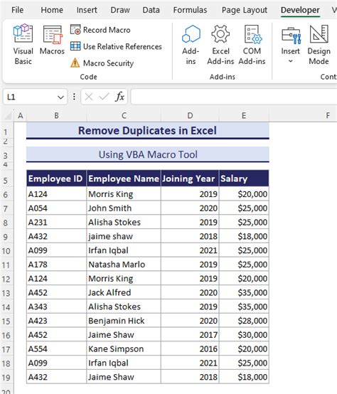 excel vba macro remove duplicates