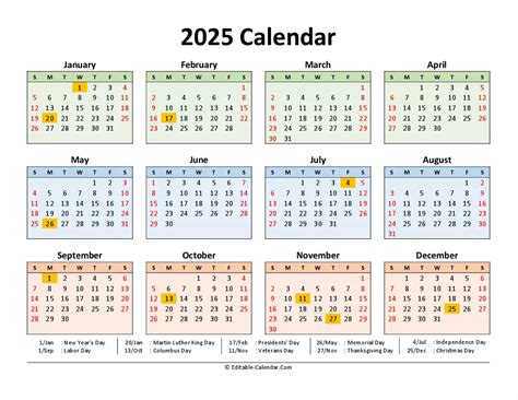 2025 Yearly Calendar With Holidays Excel Free Alison Constantia