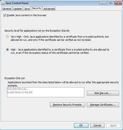 Exception List Under The Security Tab Of Java Control Panel